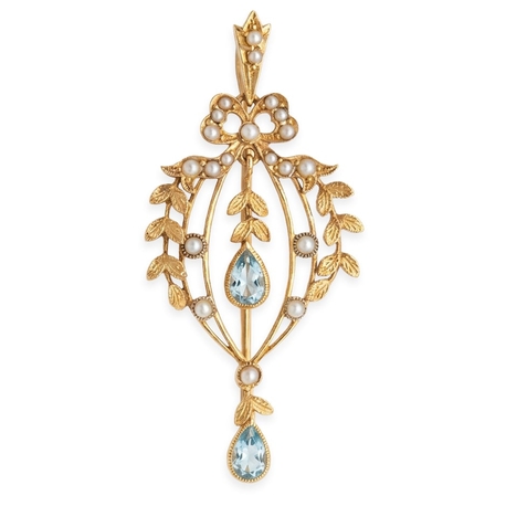 Verguld zilveren hanger met blauw topaas en pareltjes