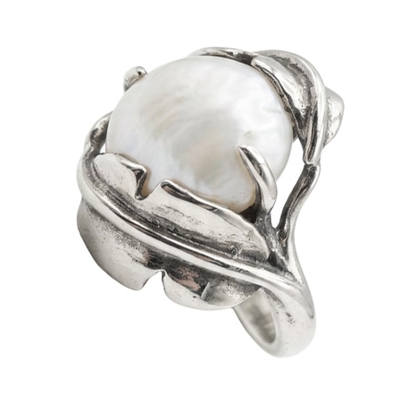 Bruno da Rocha zilveren parel ring bladeren grote witte parel
