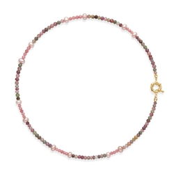 Collier met toermalijn, rhodoliet en zoetwaterparel, met verguld zilveren slot, 59.5cm