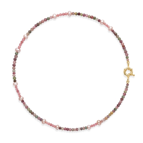 Collier met toermalijn, rhodoliet en zoetwaterparel, met verguld zilveren slot, 59.5cm