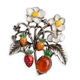 Verguld zilveren broche/hanger aardbeienplant met emaile en carneool