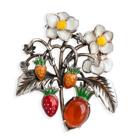 Verguld zilveren broche/hanger aardbeienplant met emaile en carneool