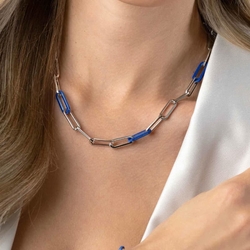 ZINZI zilveren collier paperclip schakels lapis blauw 45 cm