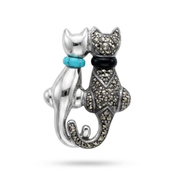 Zilveren hanger of broche verliefde poezen turquoise en onyx