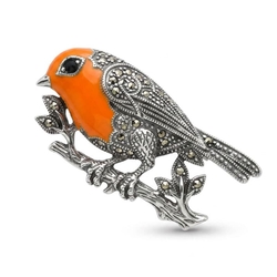Zilveren broche roodborstje oranje emaille onyx