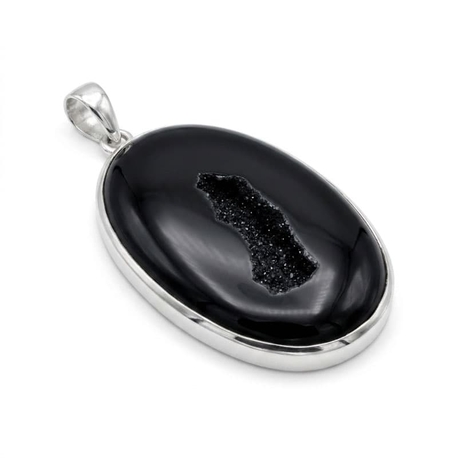 Grote zwarte druzy hanger zilver montuur