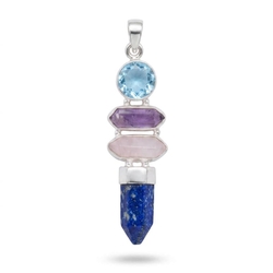 Zilveren hanger met lapis lazuli, amethist, rozenkwarts en topaas