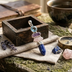 Zilveren hanger met lapis lazuli, amethist, rozenkwarts en topaas