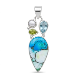 Zilveren hanger parel, peridot, topaas, en oesterturkoois