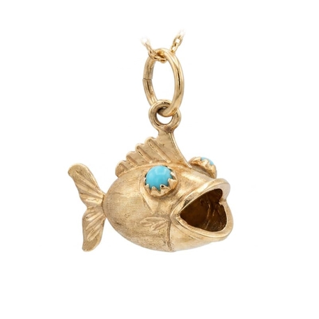 Vintage 14 krt gouden hanger vis met turkoois oogjes