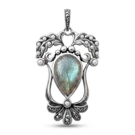 Zilveren hanger labradoriet met markasiet en kleine pareltjes, art nouveau stijl sieraad