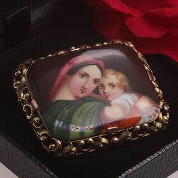 Antieke gouden broche porselein beschilderd Madonna met kind