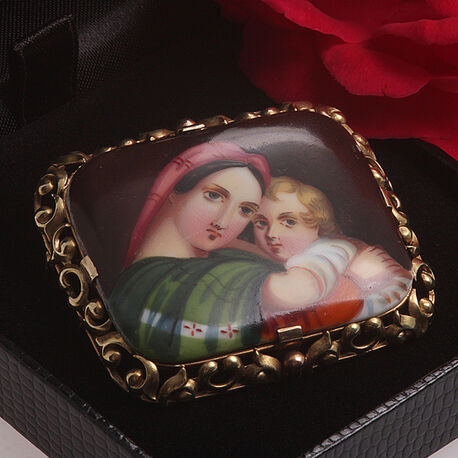 Gouden broche portret op porselein Madonna met kind