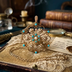 Antieke gouden hanger/broche met turkoois en pareltjes