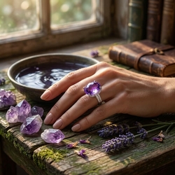 Witgouden ring met grote amethist en 114 briljantjes