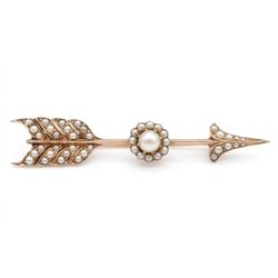 Antieke gouden broche pijl bezet met parels