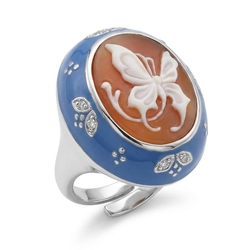 Diluca ring blauw emaille met camee vlinder