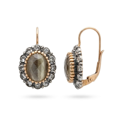 Verguld zilver oorbellen grijs cat eye strass