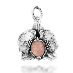 Zilveren orchidee hanger van Giovanni Raspini met roze parelmoer en aardbeikwarts doublet12710