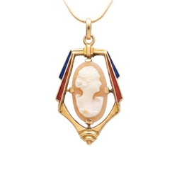 Vintage gouden camee hanger met emaille rood en blauw