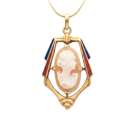 Vintage gouden camee hanger met emaille rood en blauw