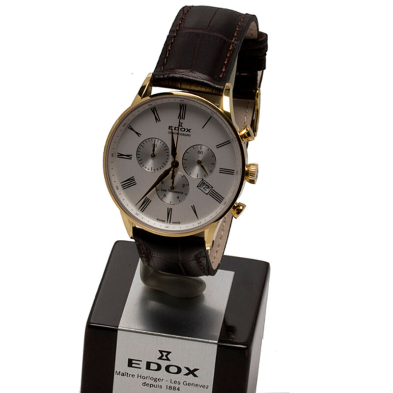 Edox verguld stalen horloge met donker bruine band Bigdate Zilver