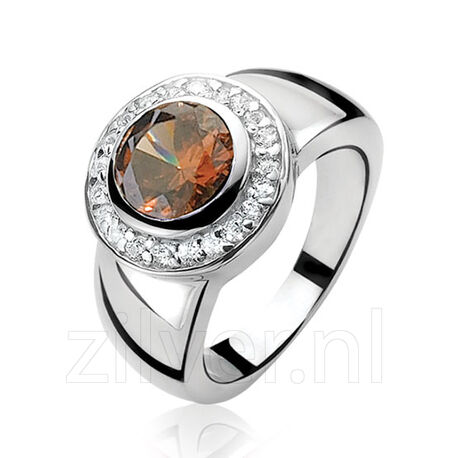 Brede zilveren ring bruin zirkonia ZIR460b van Zinzi