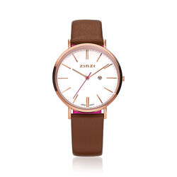 Zinzi Retro horloge cognac band met rosé staal Ziw408