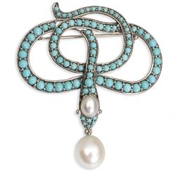 Broche slang zilver met turkoois en parels