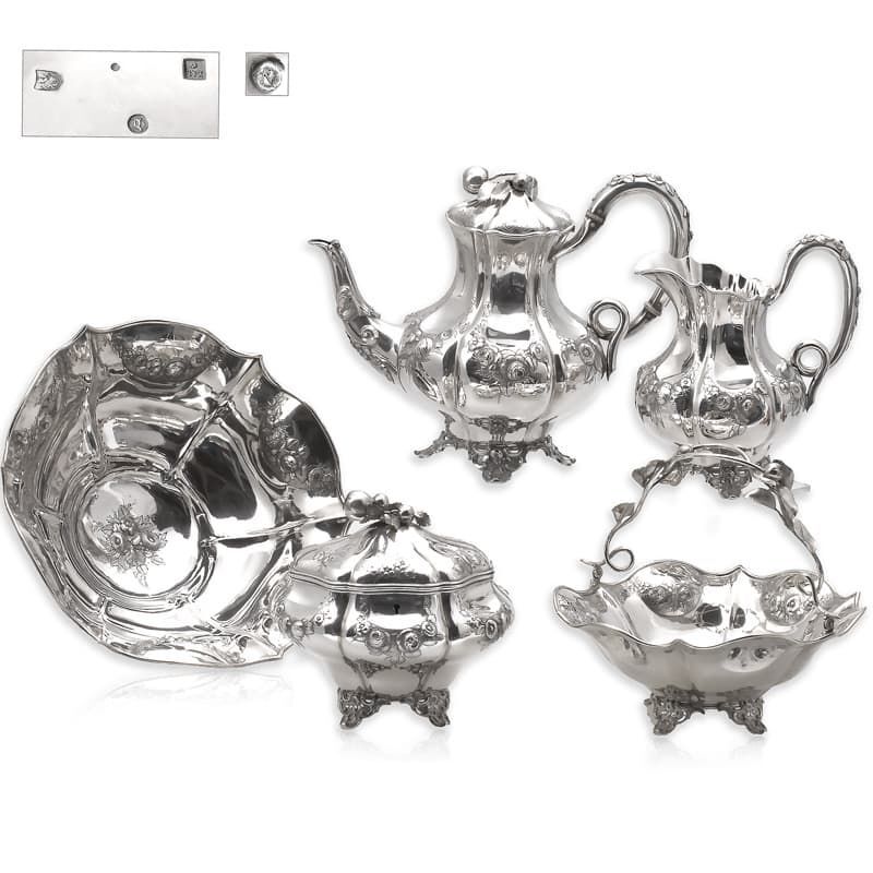 Gezichtsvermogen bijnaam Verbeelding 5 Delig antiek zilver theeservies - Biedermeier anno 1863 - Zilver.nl