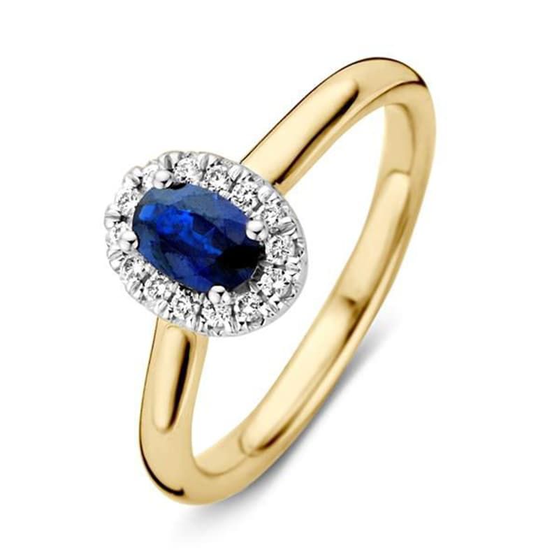 Geelgouden entourage ring bezet met diamant en glas gevulde saffier|  #RECLAIMED 48351 | Reclaimed.nl
