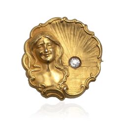 Gouden Art Nouveau medaillebijou broche met diamant
