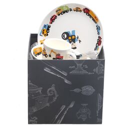 Kinderbestek set met bord en kom voertuigen verzilverd