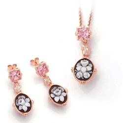 Roséverguld zilver setje hanger en oorbellen bloem camee Diluca