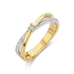 Geelgouden crossover ring bezet met diamanten