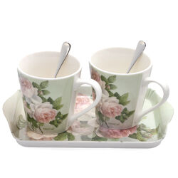 Cadeauset koffiekopjes op een dienblad pimpernel roses met twee zilveren koffielepels
