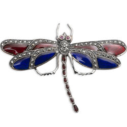 Zilveren libel met rood en blauw emaille, markasiet en robijntjes