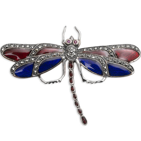 Zilveren libel met rood en blauw emaille, markasiet en robijntjes
