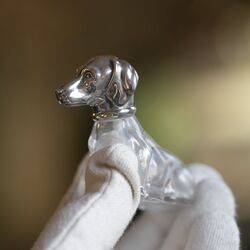 Zilveren strooier hond glazen lijf en een zilveren kop