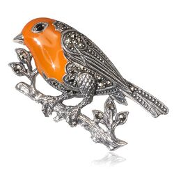 Zilveren broche roodborstje oranje emaille onyx