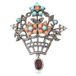 Zilveren hanger bloemenmand turkoois pareltjes granaat en koraal