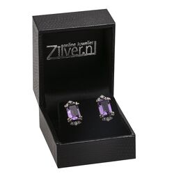 Zilveren oorstekers baguette geslepen amethist en pareltjes