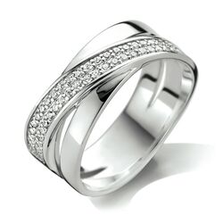 Zilveren cross-over ring met baan met zirkonia