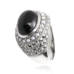 Zilveren markasiet ring met onyx pareltjes markasiet