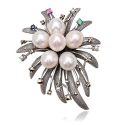 Zilveren broche parels robijn smaragd saffier