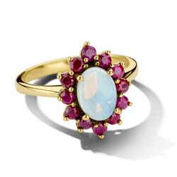 Geelgouden vintage ring robijn en opaal