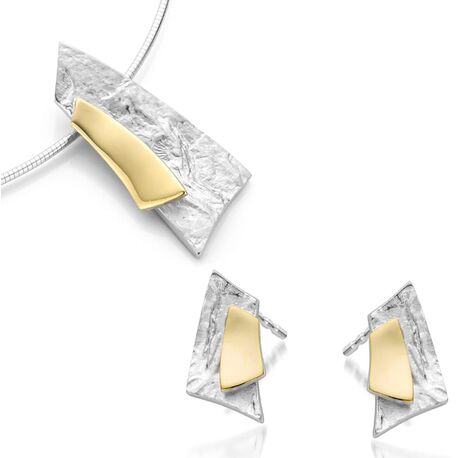 Hanger en oorbellen gekreukeld zilver bicolor