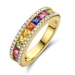Geelgouden ring regenboog saffier met diamant