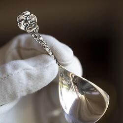 bloemsteel zilveren theeschep van zilversmid H. Hooijkaas