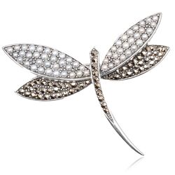Zilveren libelle broche pareltjes en markasiet